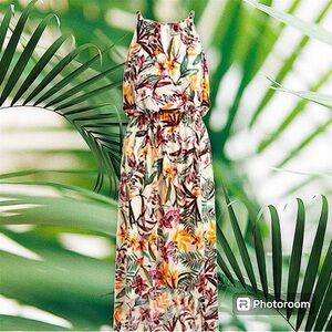 NWT. Women’s Go Coco Tropical Print Hi Lo Maxi Dress. Green and Purple. Size Lg.